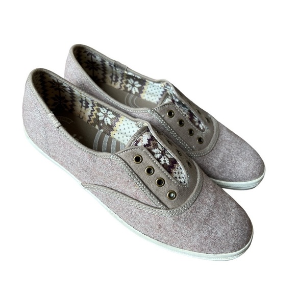 Keds Women’s Tan Wool Blend Fair Isle Cushioned Slip On Laceless Sneakers, Sz 8 - Picture 1 of 9